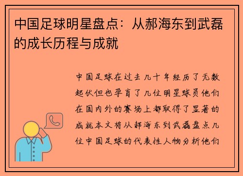 中国足球明星盘点：从郝海东到武磊的成长历程与成就