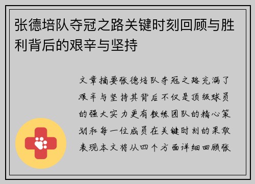 张德培队夺冠之路关键时刻回顾与胜利背后的艰辛与坚持